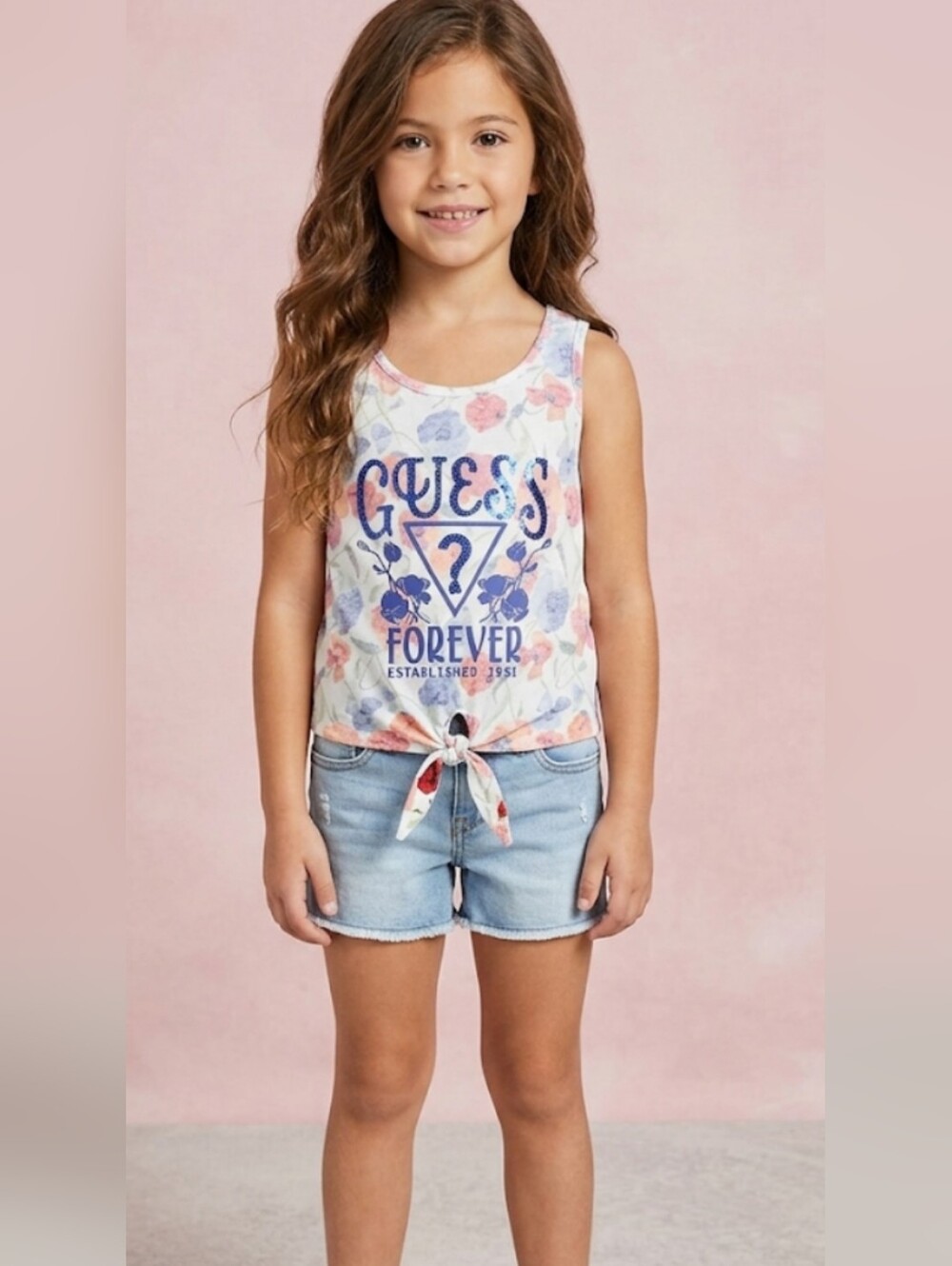Vintage 2010s GUESS Girls Floral Sequin Logo Tie Front Tank Top Size S 7/8 Authe